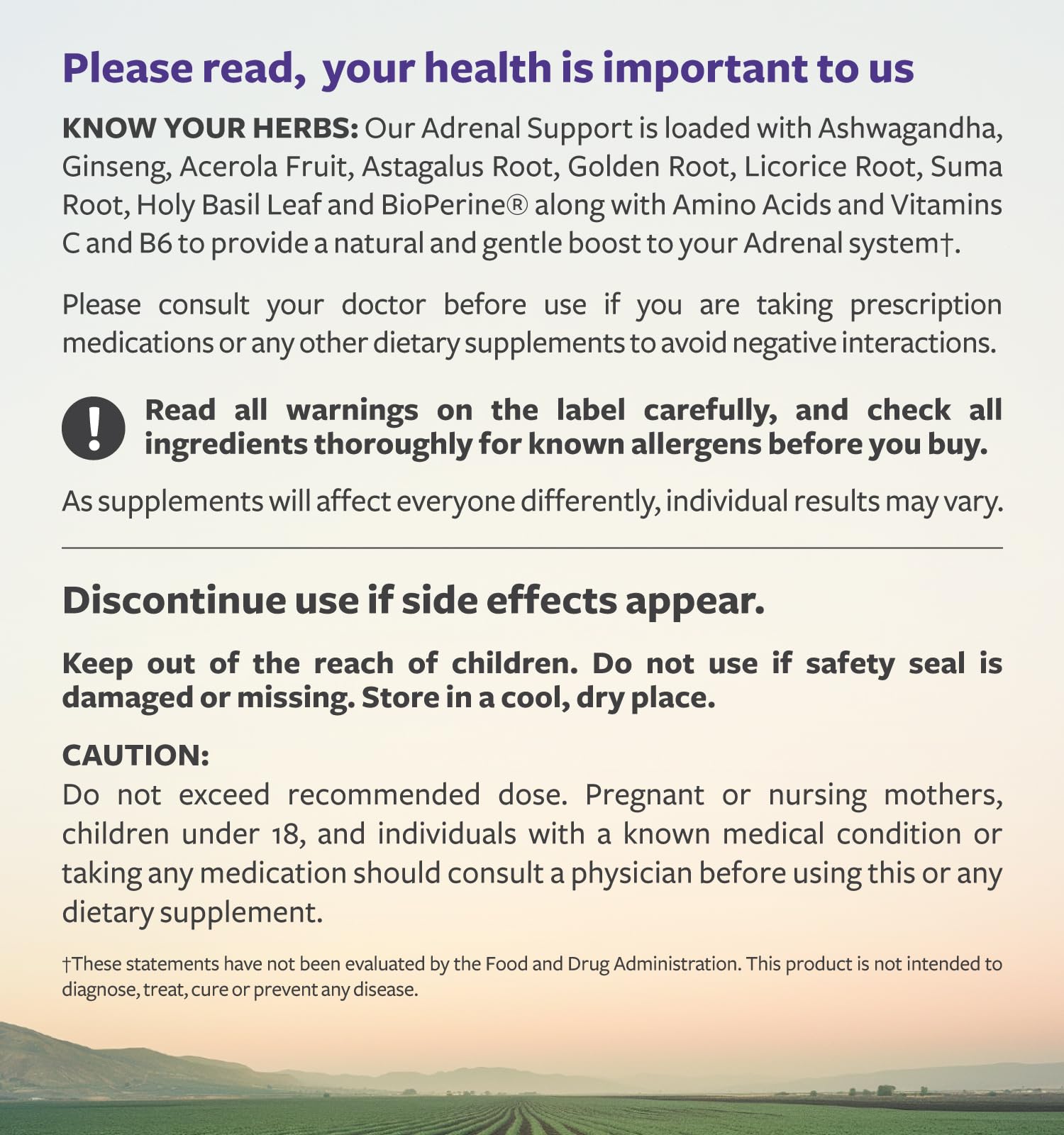 Supplement facts panel close-up on label