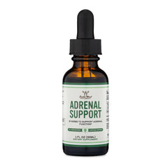 Bottle of Double Wood Adrenal Support Drops with label showing 10 adaptogens