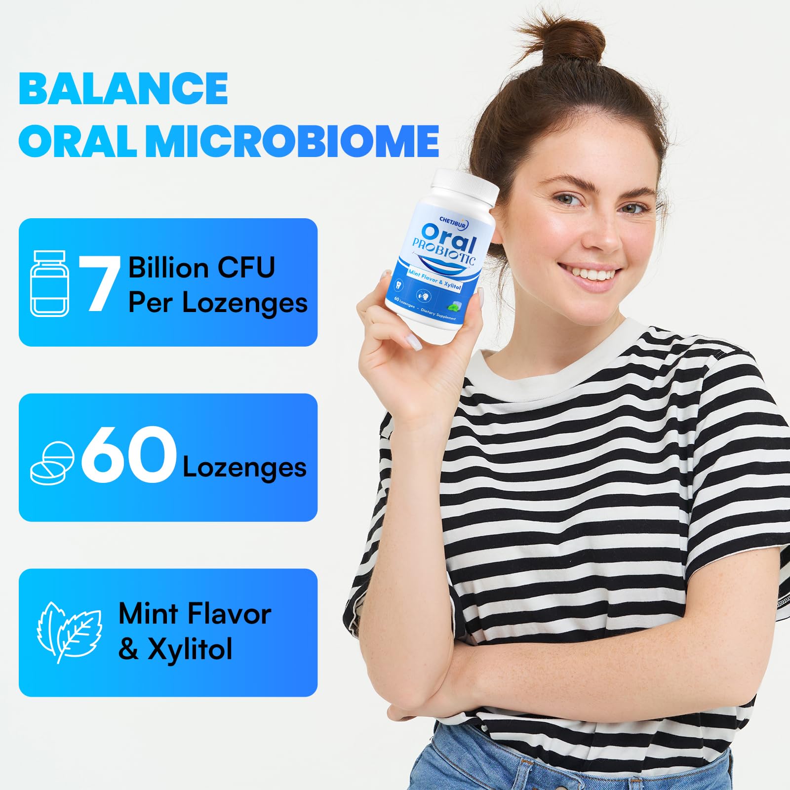 Adult using oral probiotic lozenges for dental hygiene