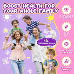 Illustration of adults and kids aged 4+ taking gummies