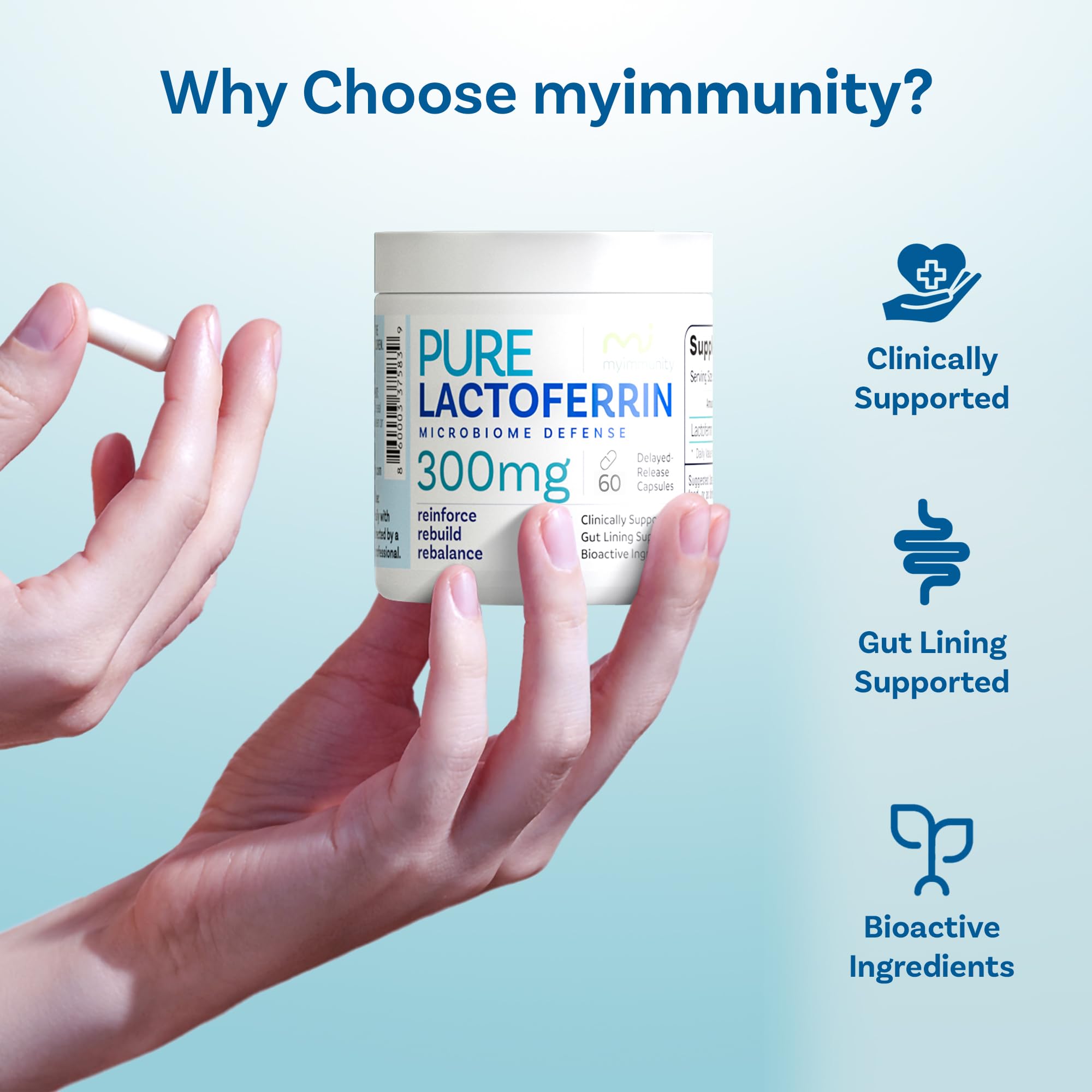 Lactoferrin supplement for adults in a 60-capsule bottle