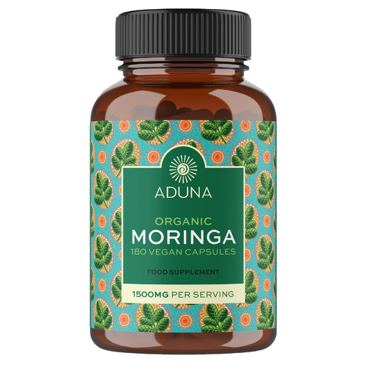 Aduna Organic Moringa Capsules bottle with 1500mg label