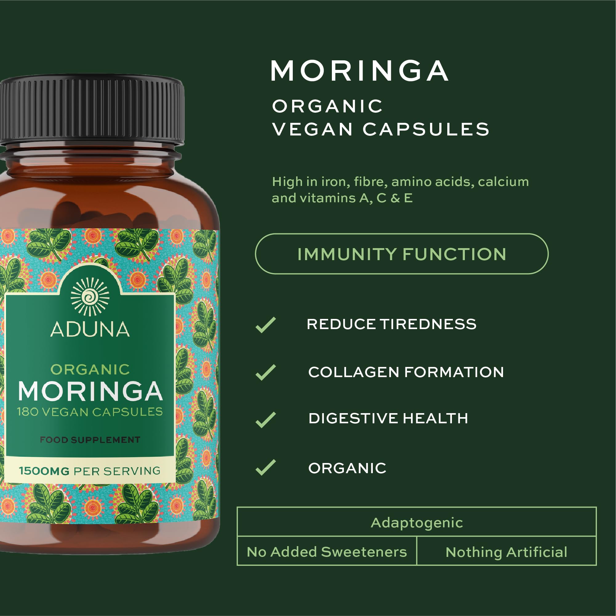 Front view of Aduna Moringa Capsules bottle on white background