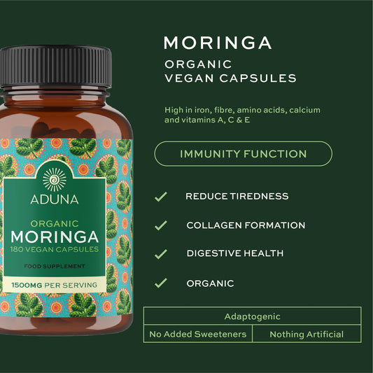 Front view of Aduna Moringa Capsules bottle on white background