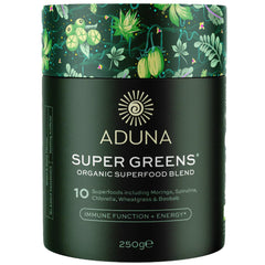 Front view of Aduna Organic Super Greens Blend 250g tub
