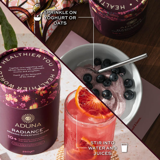 Close-up of hibiscus, baobab and lion’s mane ingredients
