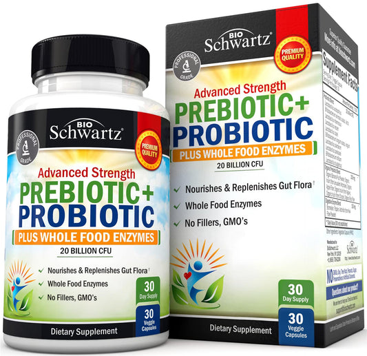 Front view of BioSchwartz Advanced Prebiotics & Probiotics bottle for women and men