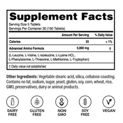 Advanced Bionutritionals Advanced Amino Formula tablets bottle side, post-workout recovery support.