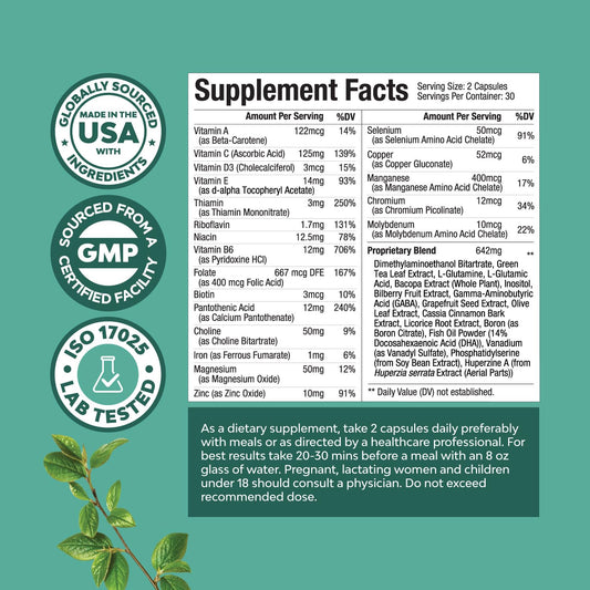 Close-up of the product label showing memory and focus vitamins