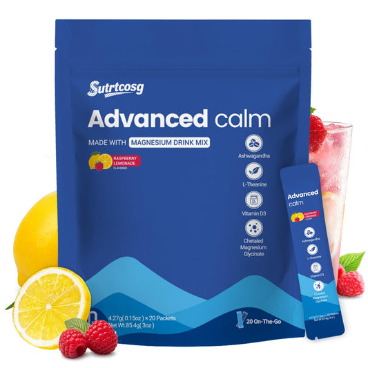 Front view of Advanced Calm Cortisol-Drinking Mix Raspberry Lemonade single-serve packet