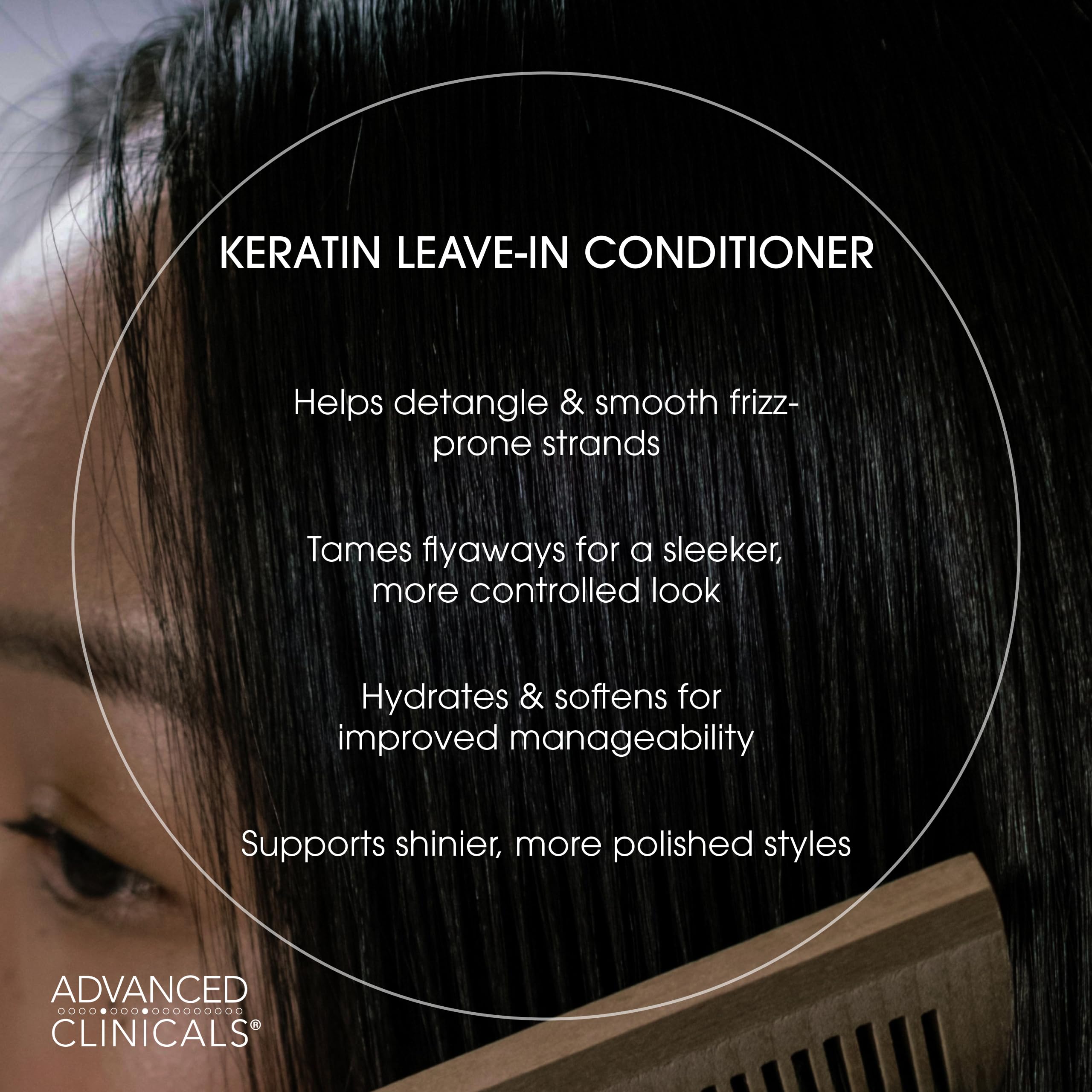 Advanced Clinicals Keratin Detangler Application Hair shows spray-on use on damp or dry strands.