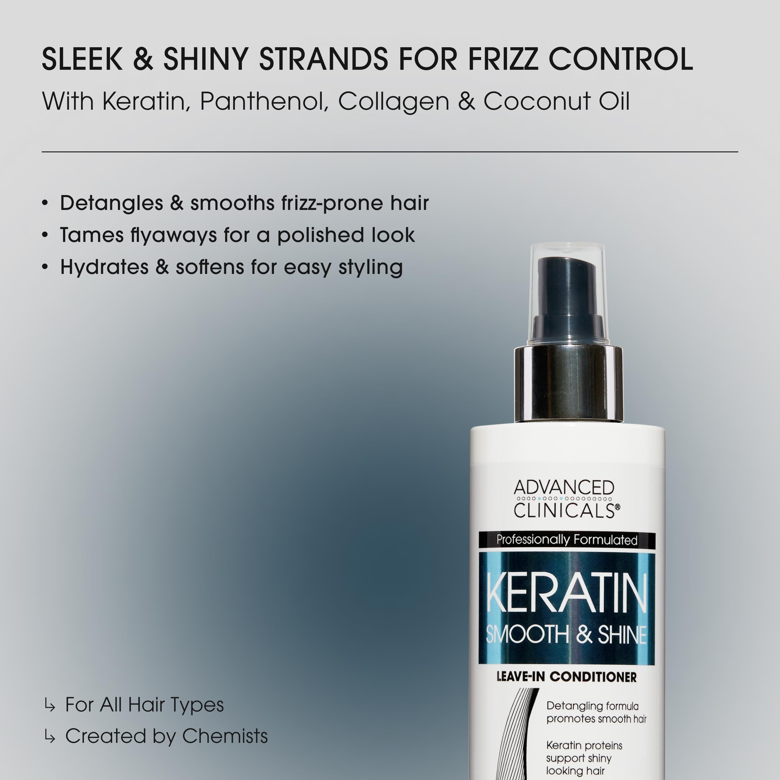Advanced Clinicals Keratin Detangler Dispense demonstrates mess-free spraying for smoother styling.
