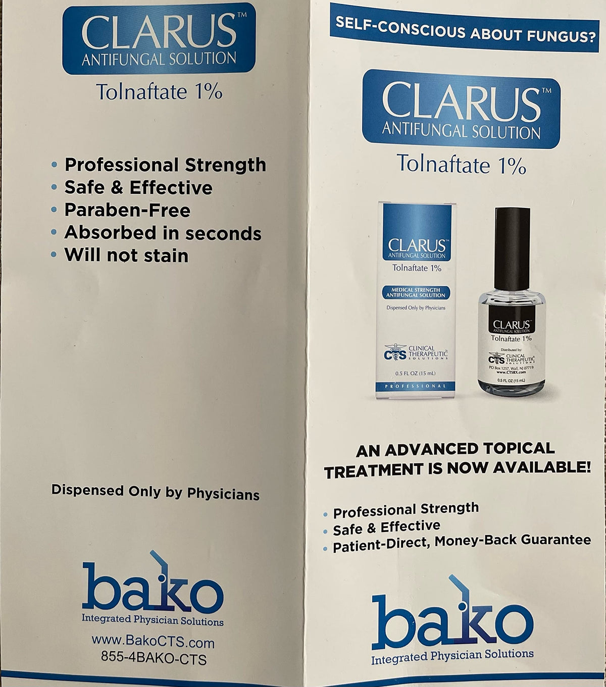Advanced Footcare Clarus Solution bottle offers compact antifungal care for on-the-go feet.