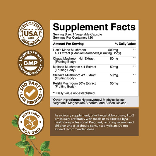 Bottle of Advanced Lion's Mane Mushroom Supplement with 120 capsules on white background