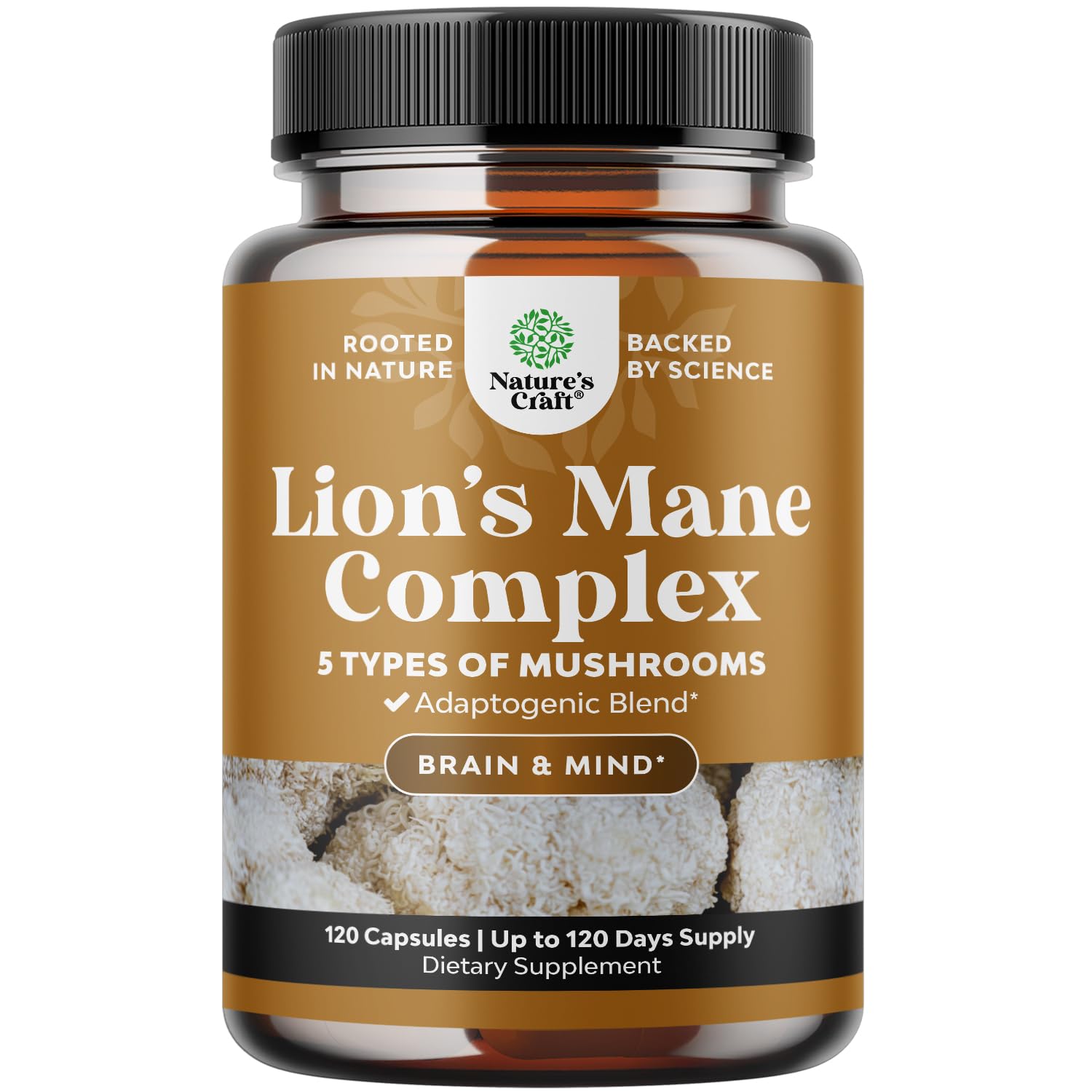 Front view of Advanced Lion's Mane Mushroom Supplement bottle with 120 capsules