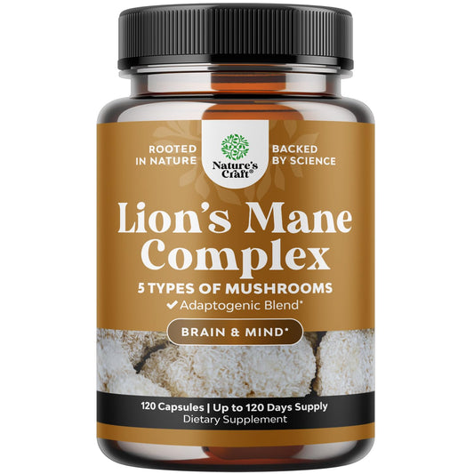 Front view of Advanced Lion's Mane Mushroom Supplement bottle with 120 capsules