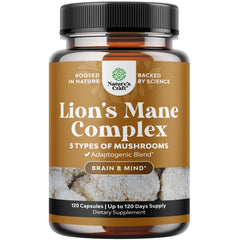 Front view of Advanced Lion's Mane Mushroom Supplement bottle with 120 capsules