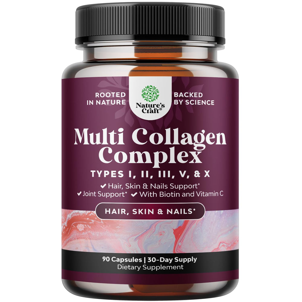 Bottle of Advanced Multi Collagen Complex with Biotin for hair, skin and nails