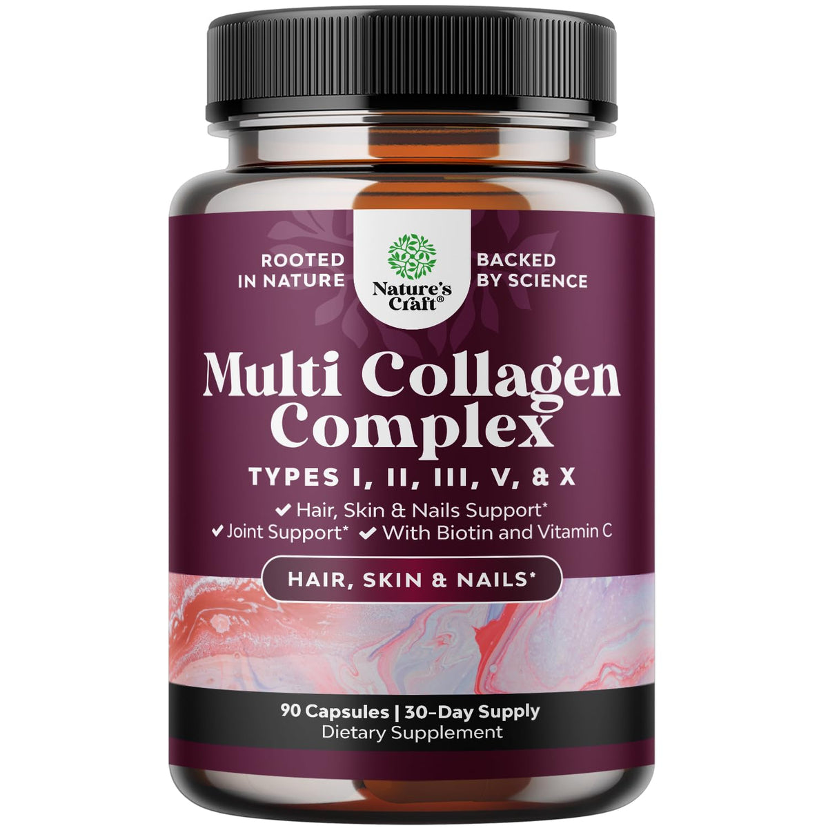 Bottle of Advanced Multi Collagen Complex with Biotin for hair, skin and nails