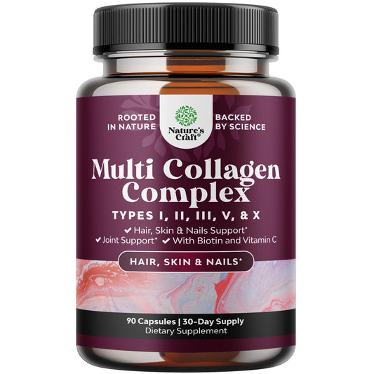 Bottle of Advanced Multi Collagen Complex with Biotin for hair, skin and nails