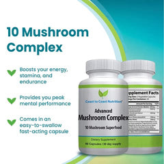 Product label highlighting 10-mushroom blend for immunity and focus