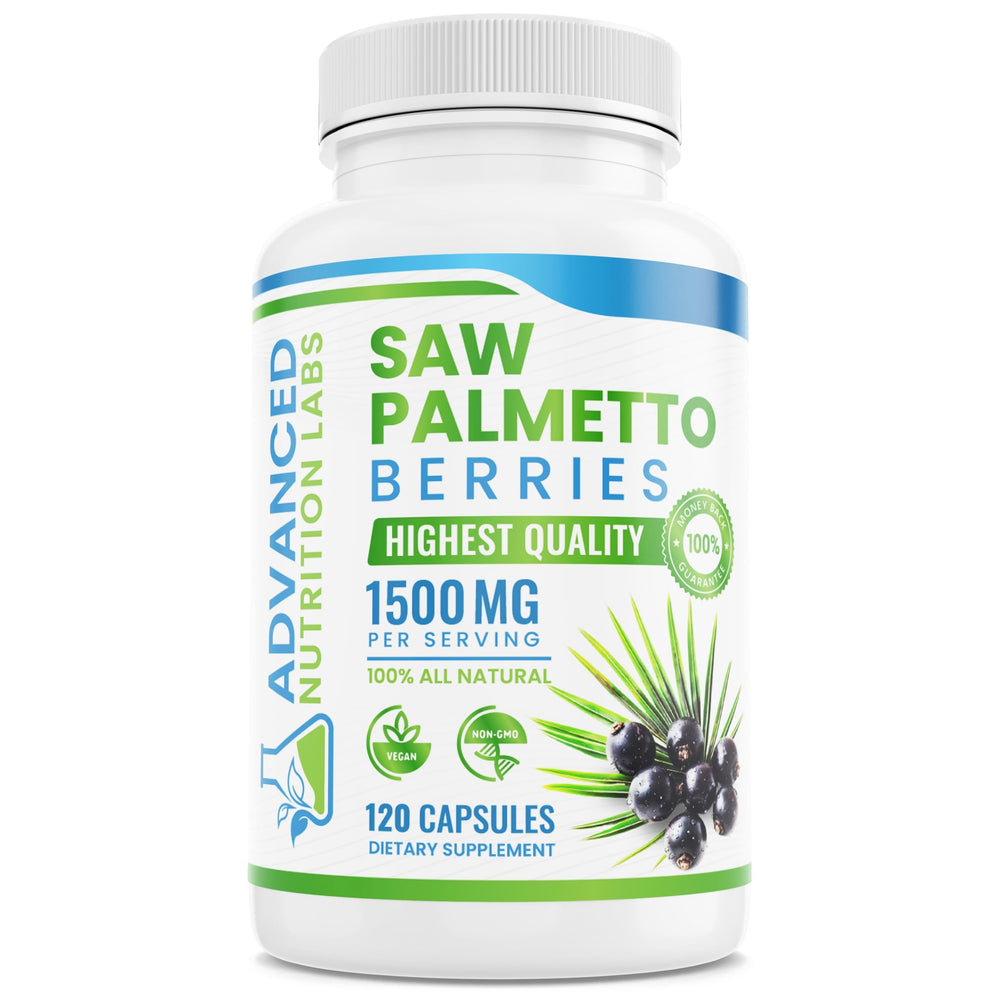 Bottle of Advanced Nutrition Labs Saw Palmetto 1500 mg with vegan capsules