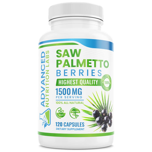 Bottle of Advanced Nutrition Labs Saw Palmetto 1500 mg with vegan capsules