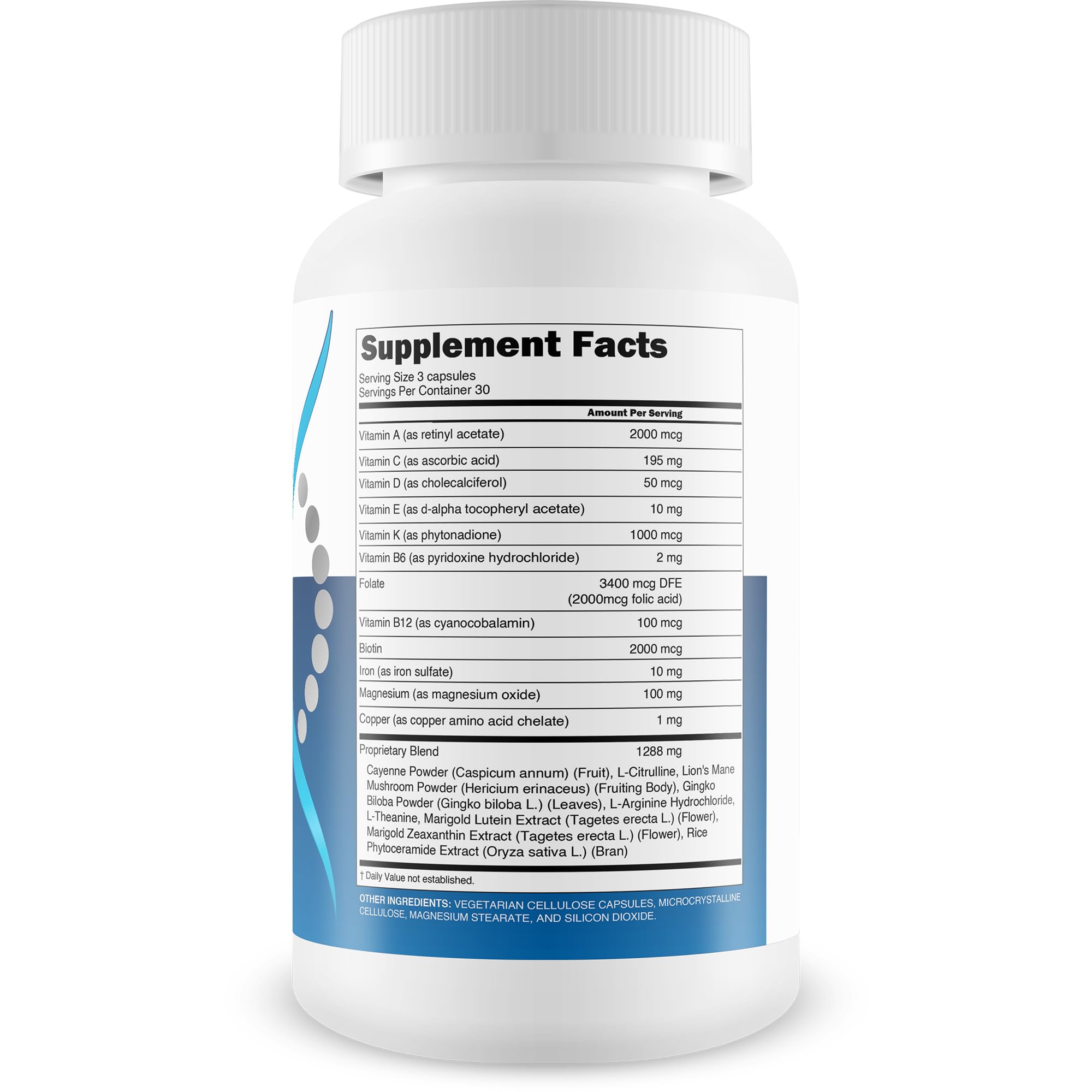 Close-up of Advanced Telomere Support bottle and capsules