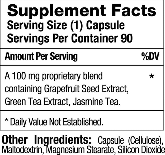 Close-up of Advantage Capsules bottle with Green Tea and Jasmine Tea ingredients
