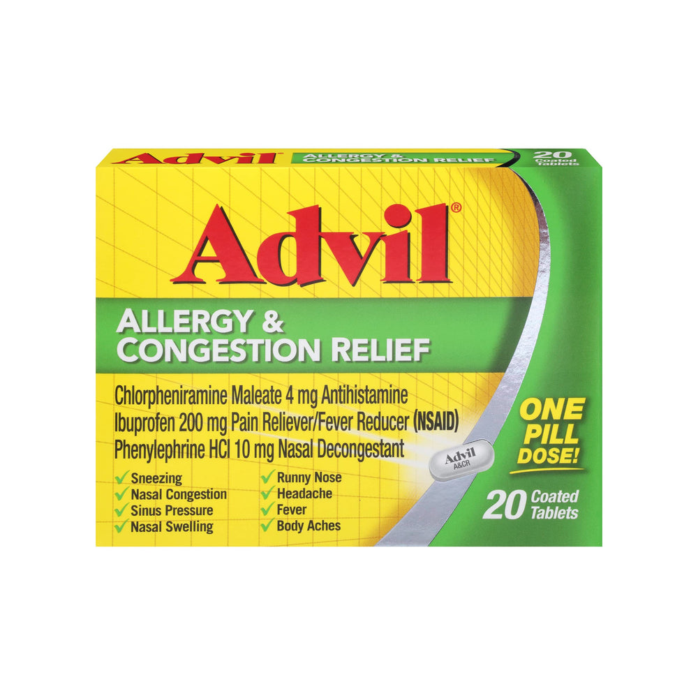 Advil Allergy and Congestion Relief tablets in a blister pack provide multi-symptom relief for congestion and pain