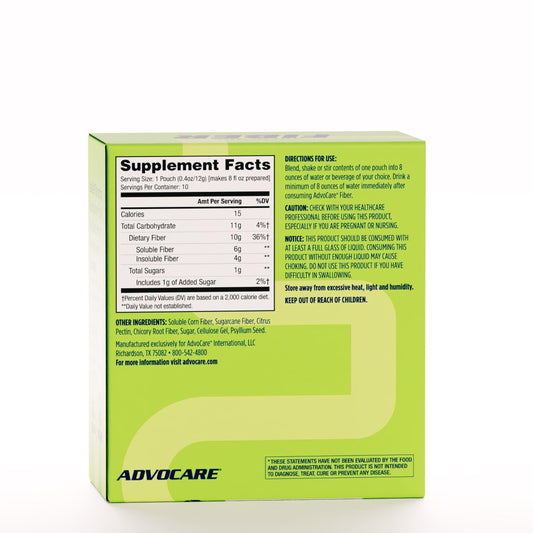 AdvoCare Fiber packaging highlighting ingredients such as psyllium seed and corn fiber
