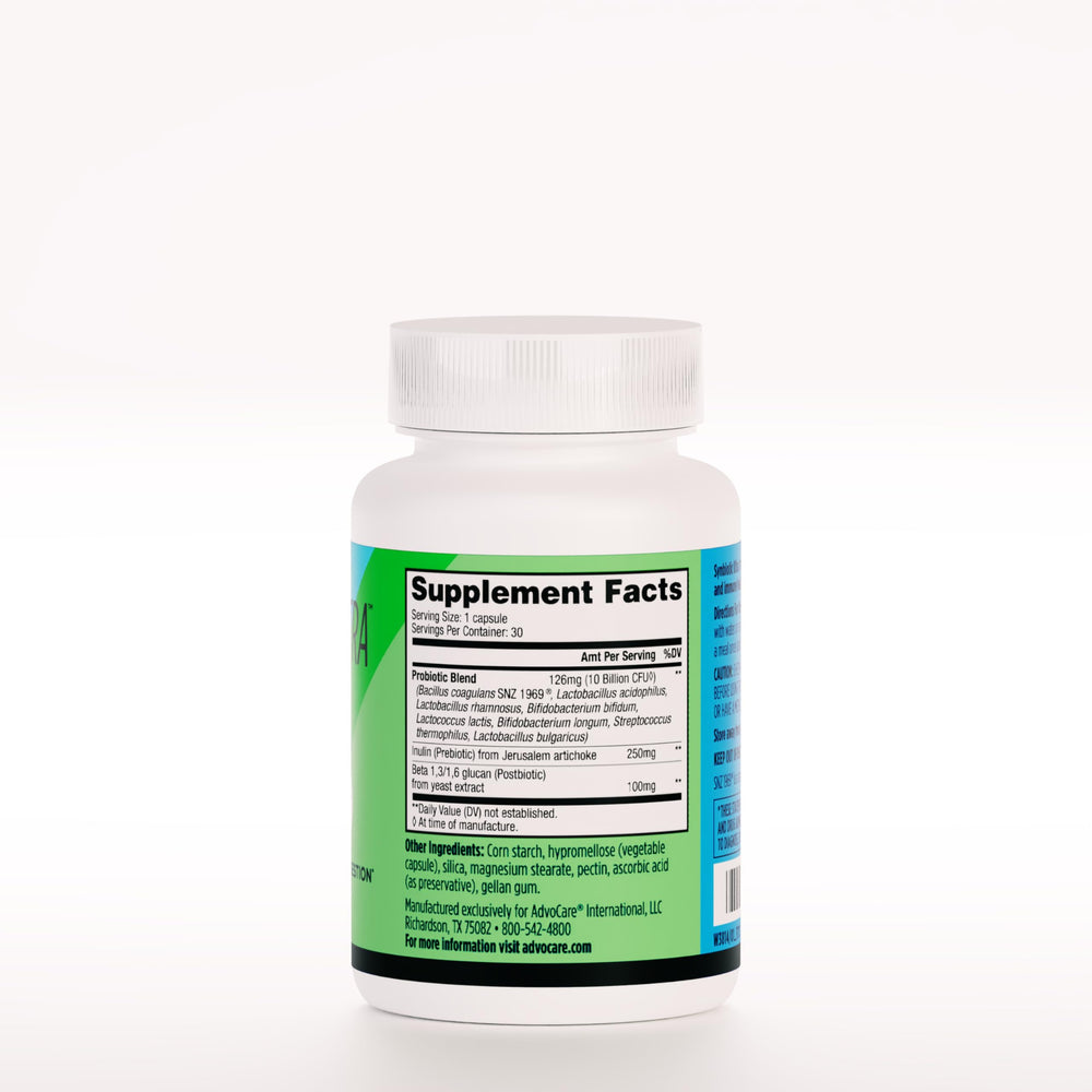 Close-up of Synbiotic Ultra probiotic capsules with prebiotic inulin