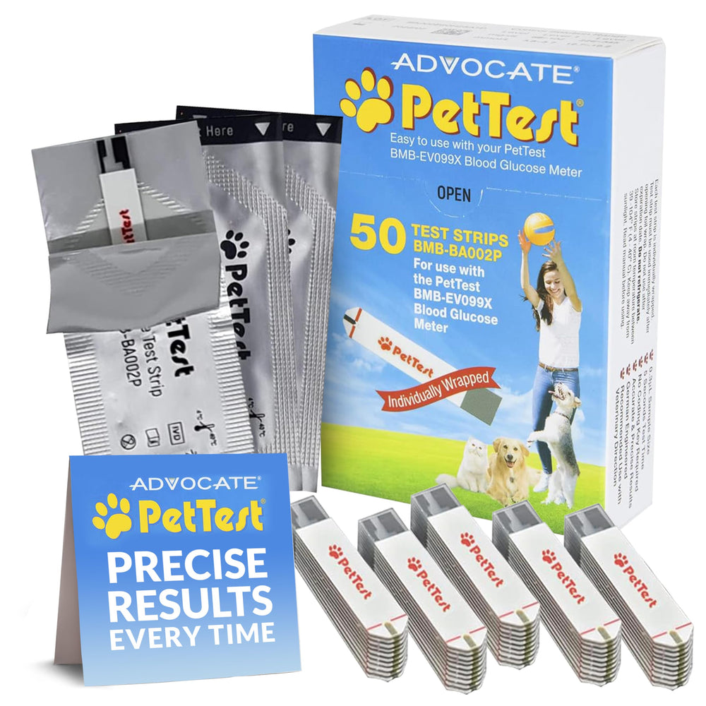 Advocate PetTest blood glucose strip packaging designed for sterile testing and reliability