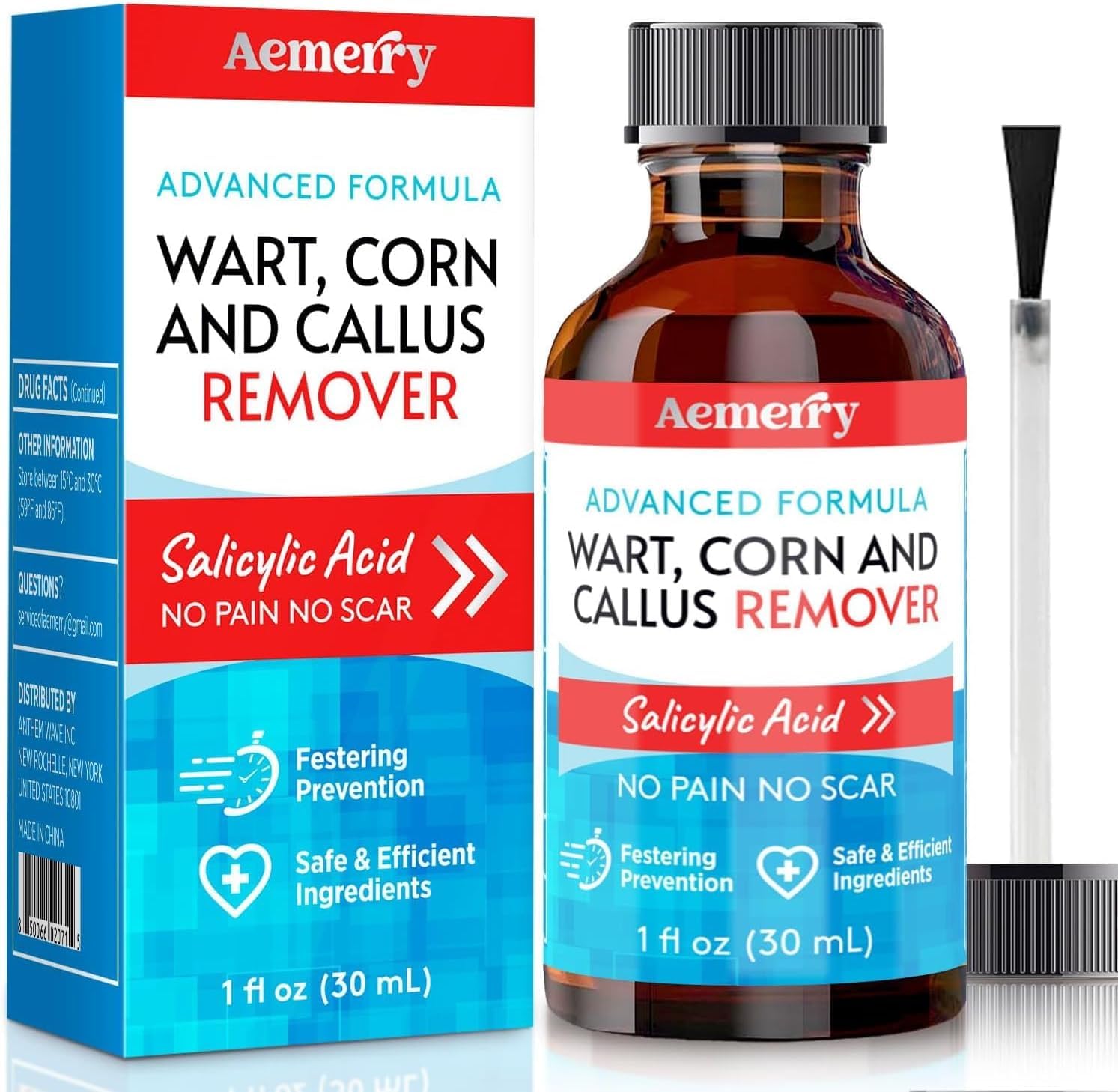 Aemerry wart-corn-remover bottle demonstrates targeted at-home foot care.