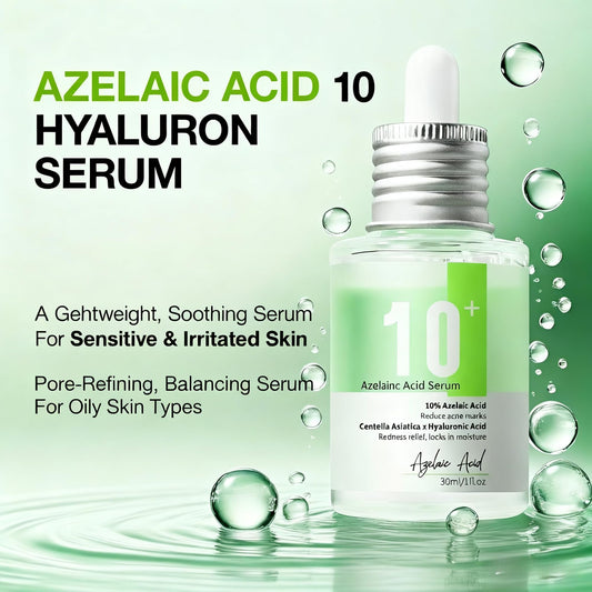 AEMRTJG Azelaic Acid 10% serum bottle side highlights lightweight, irritation-free daily care.