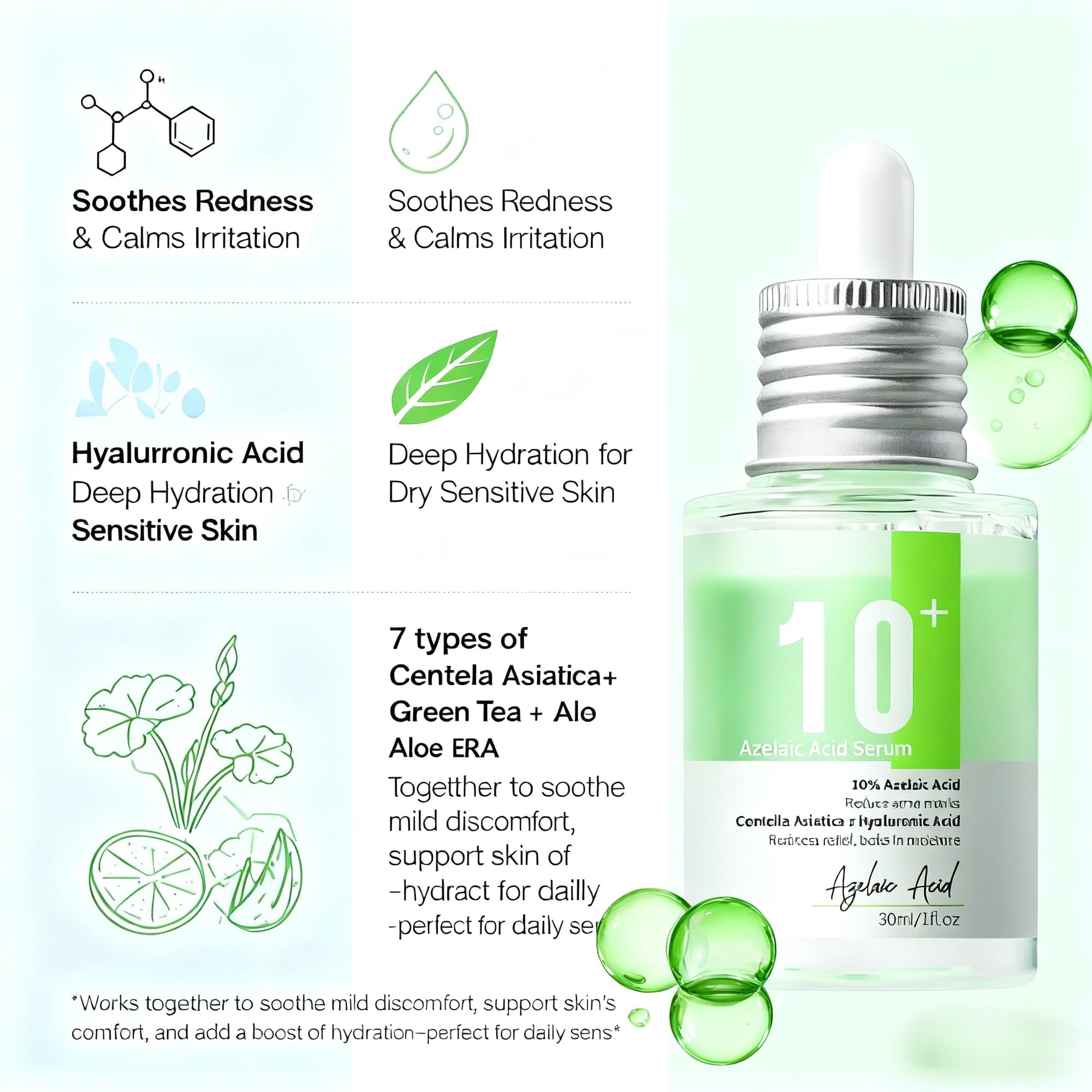 AEMRTJG Azelaic Acid 10% serum ingredients panel for gentle skin support.