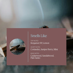 Close-up of Palo Santo, Juniper, and Peru Balsam notes on label