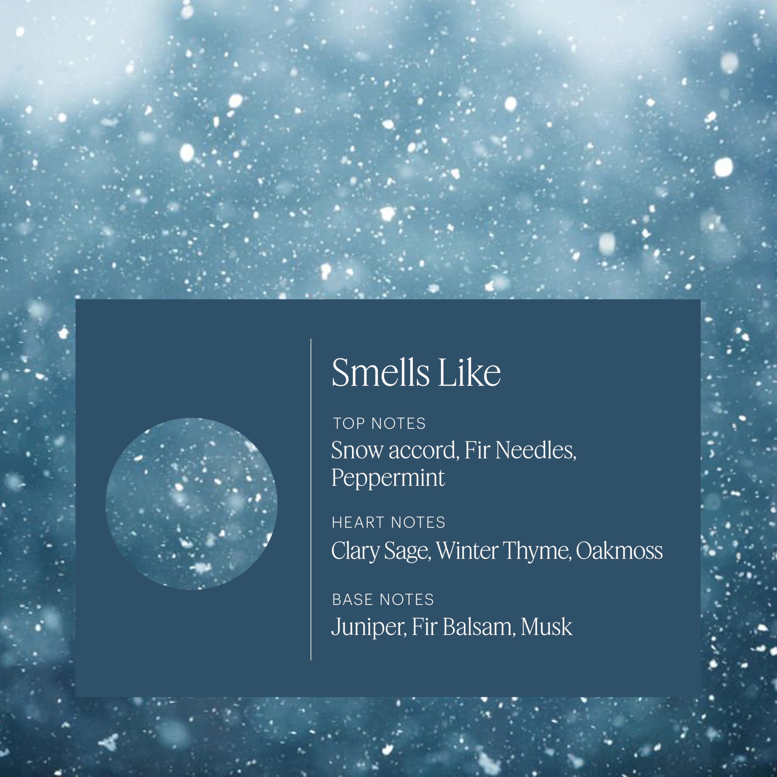 Close-up of Snowfall refill label featuring winter pine design