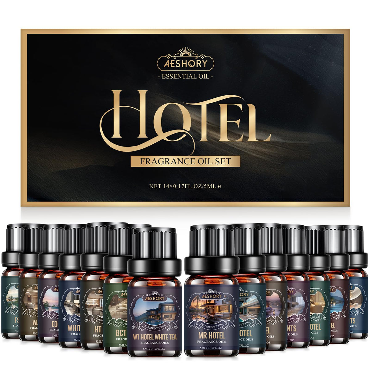 Hotel Diffuser Oils Set 14Pcs – bottles arranged in a row