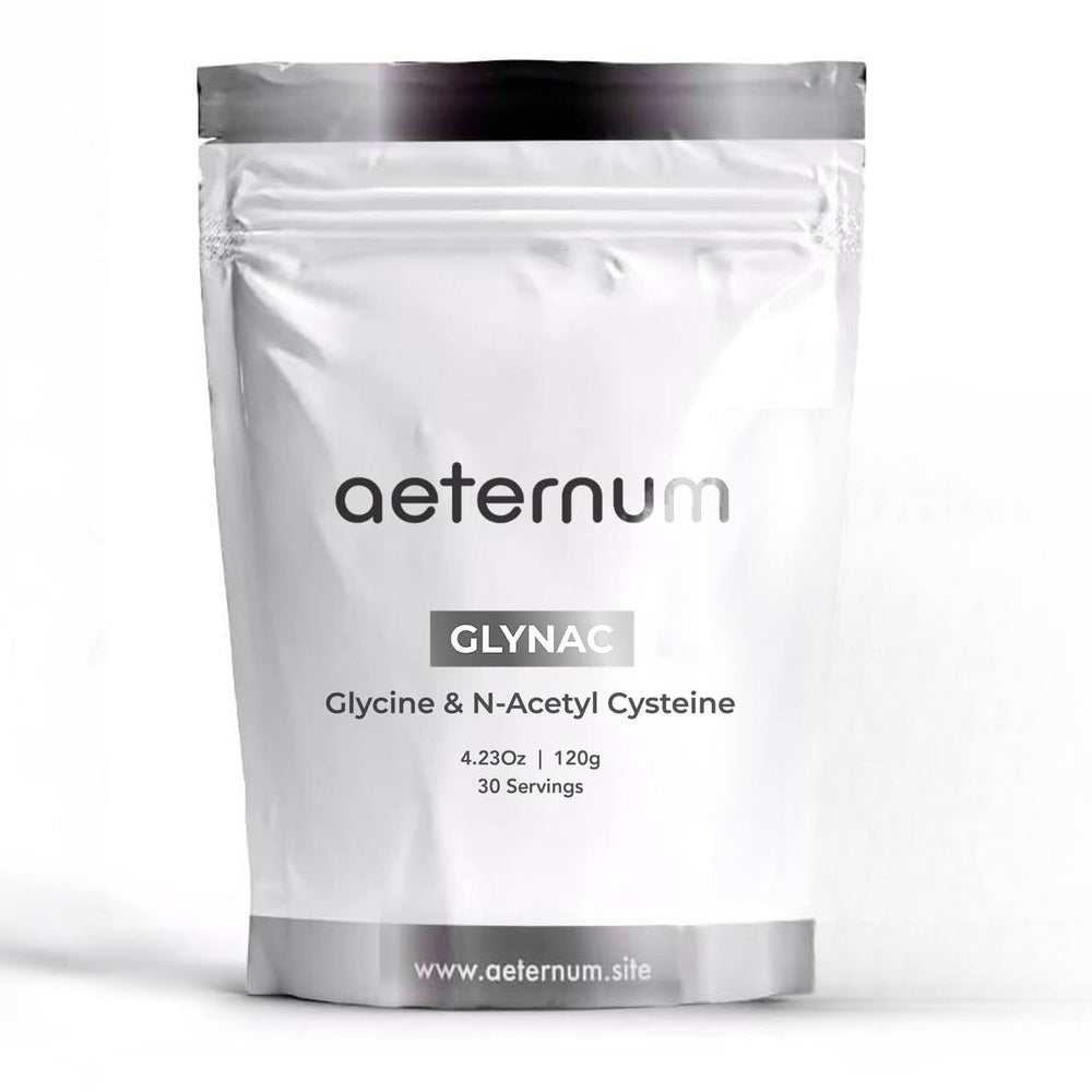Front view of Aeternum GlyNAC Powder 120g jar