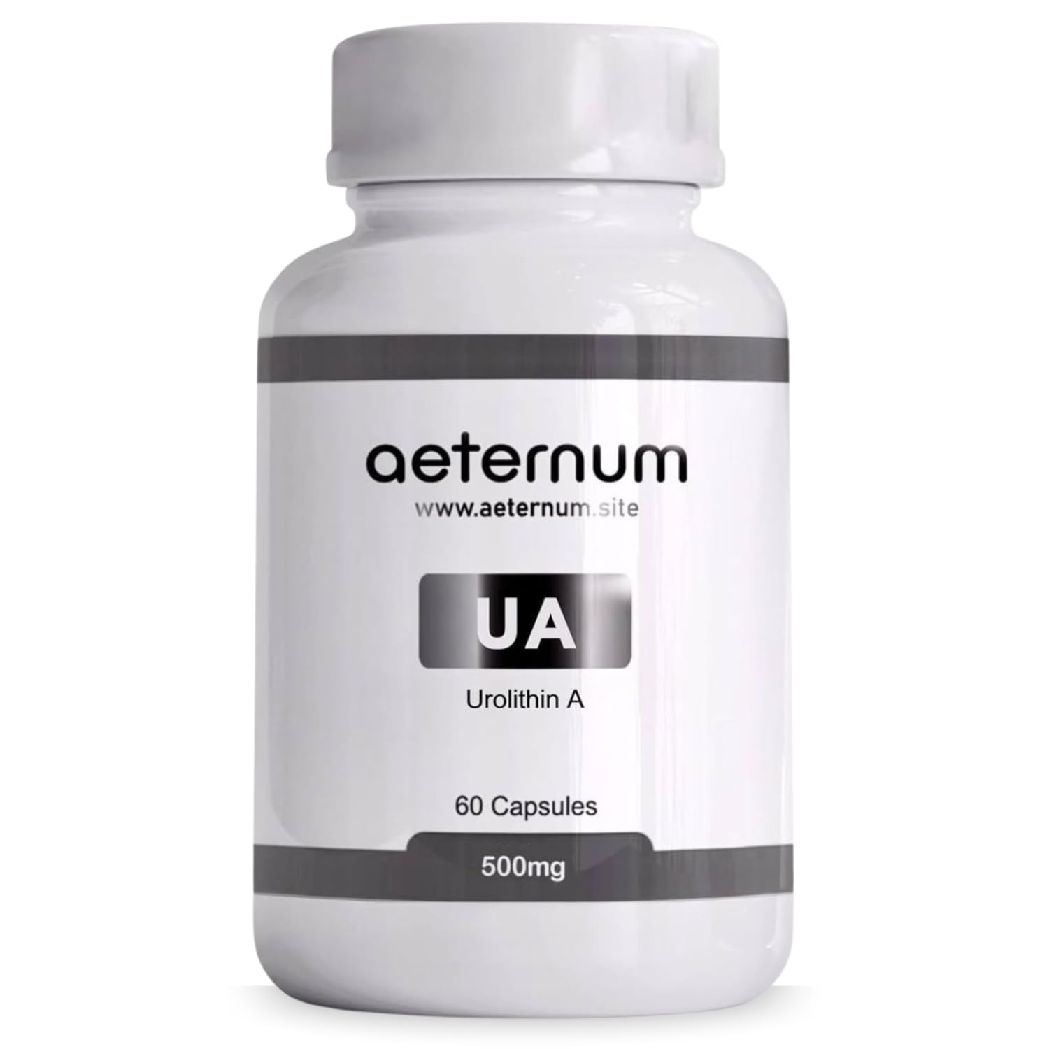 Front view of aeternum Urolithin A UA capsules bottle