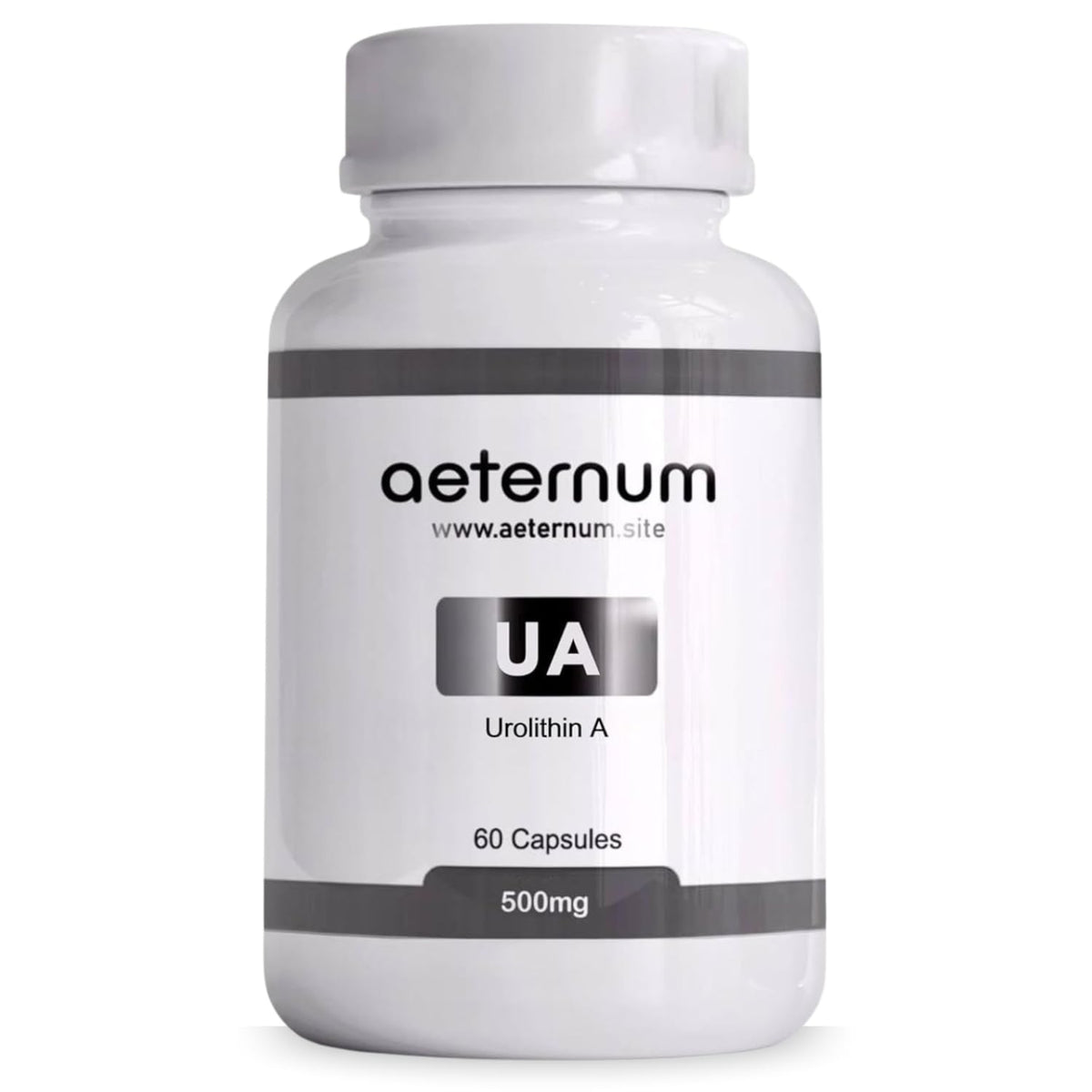 Front view of aeternum Urolithin A UA capsules bottle