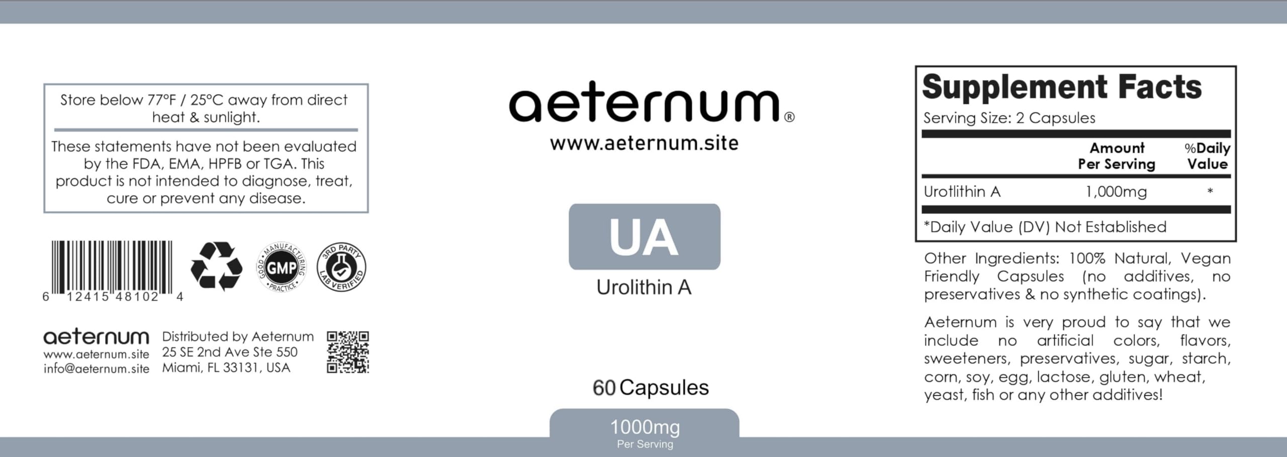 Clean, additive-free UA Urolithin A capsules by aeternum