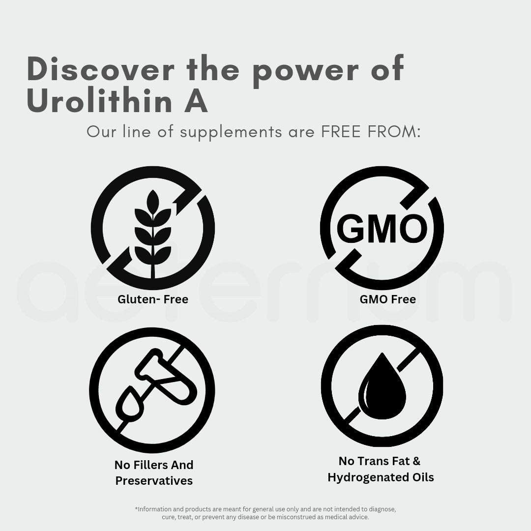 Close-up of the Aeternum UA Urolithin A bottle label