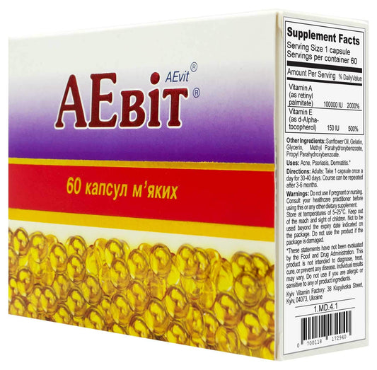 AEvit 60 softgels with vitamin A 100,000 IU and vitamin E 100 mg, Made in Ukraine