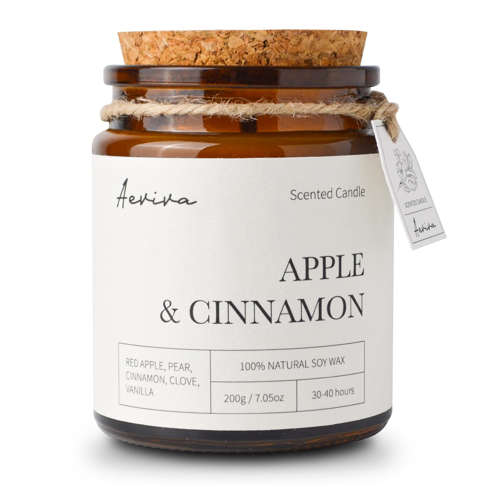 Aeviva Apple & Cinnamon scented candle in amber jar with double wooden wick