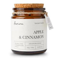 Aeviva Apple & Cinnamon scented candle in amber jar with double wooden wick