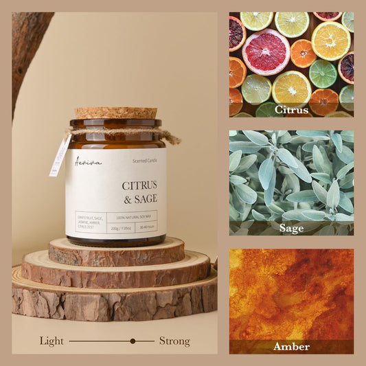 Close-up of double wooden wicks crackling in citrus sage candle
