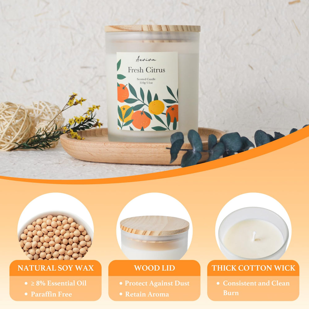 Close-up of Aeviva citrus candle label on 11oz jar