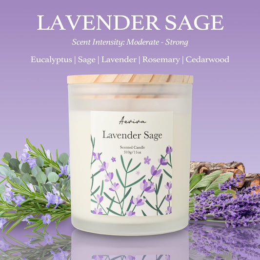 Close-up of lavender sage fragrance label on candle